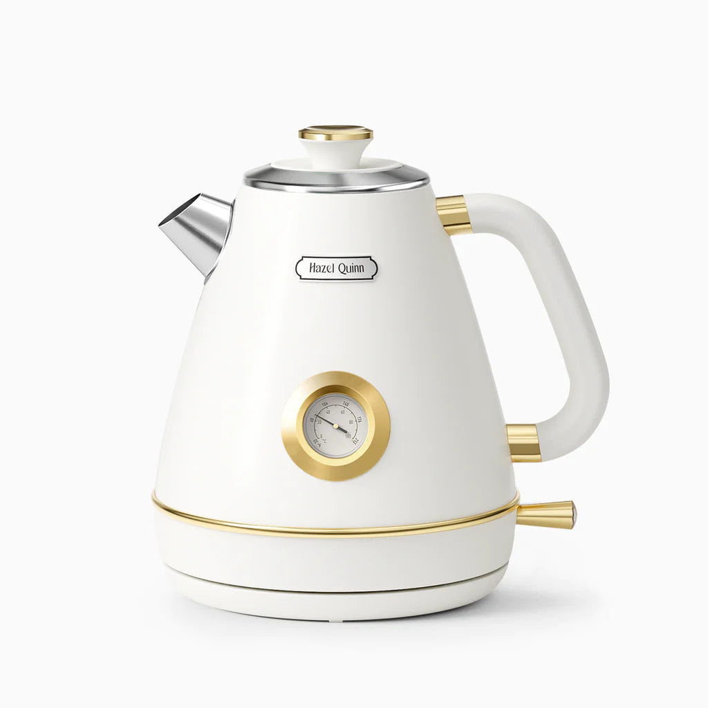 Hervidor eléctrico de 1,7 litros con termómetro, 1200 W de ebullición rápida, sin BPA, inalámbrico, base rotacional, color blanco perla