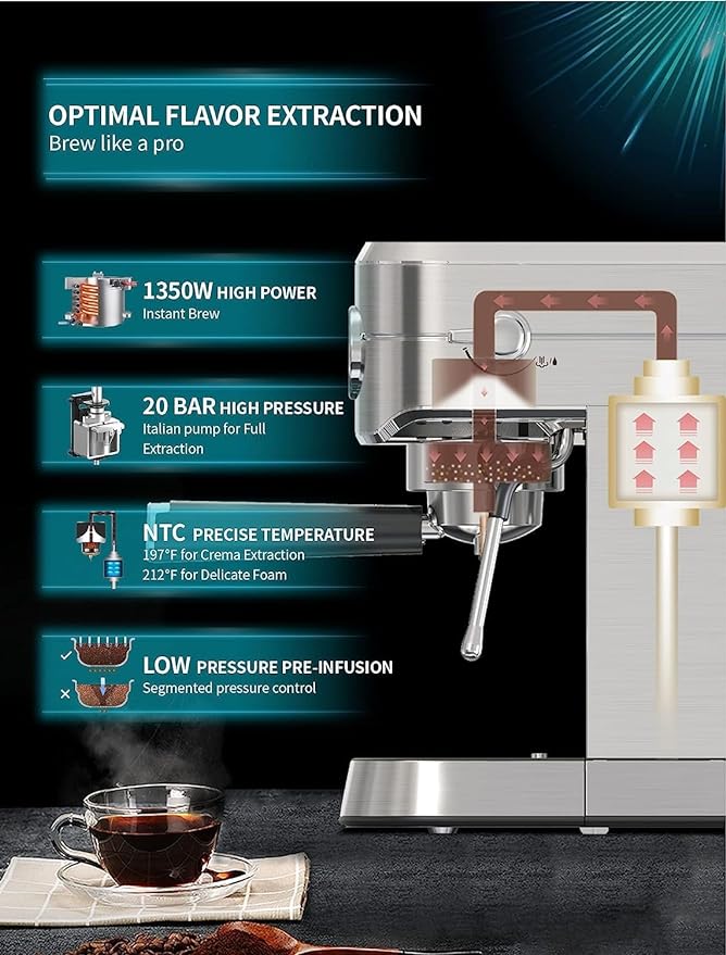 Gevi Máquina de café espresso profesional compacta de 20 bares con espumador de leche/varita de vapor para expreso, café con leche y capuchino, acero inoxidable, tanque de agua extraíble de 35 onzas