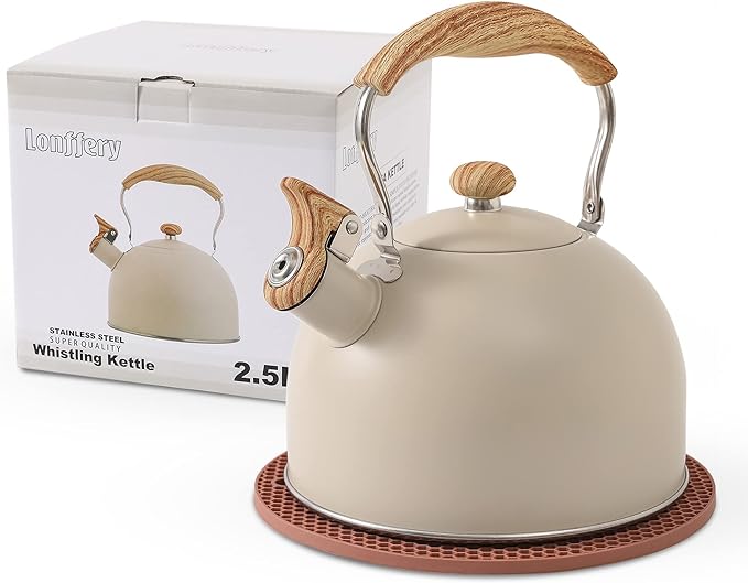 LONFFERY Hervidor de té, hervidor de té silbante de 2.5 cuartos de galón, ollas de té para estufa, acero inoxidable de grado alimenticio con mango plegable con patrón de madera, color blanco cremoso