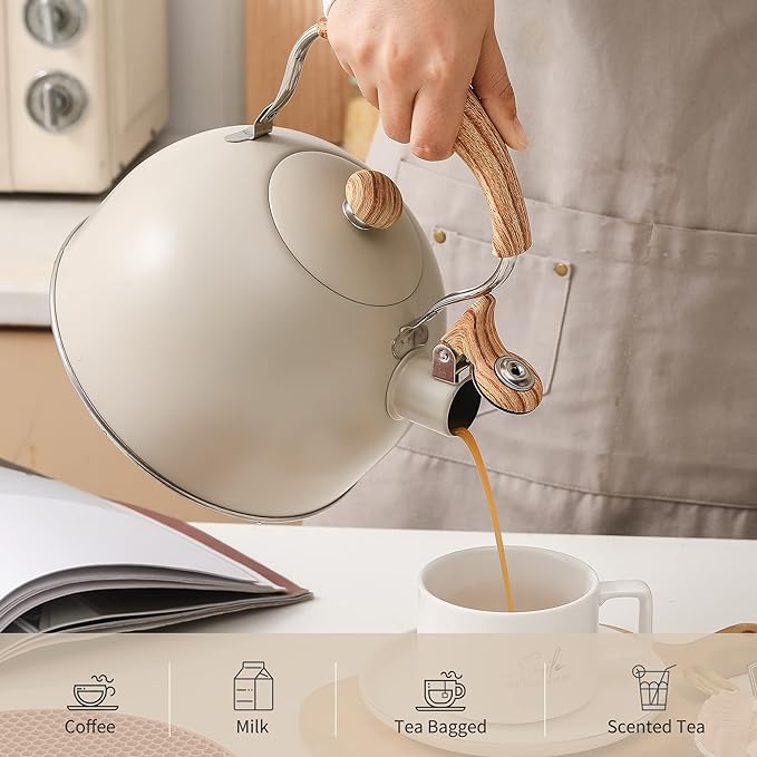 LONFFERY Hervidor de té, hervidor de té silbante de 2.5 cuartos de galón, ollas de té para estufa, acero inoxidable de grado alimenticio con mango plegable con patrón de madera, color blanco cremoso