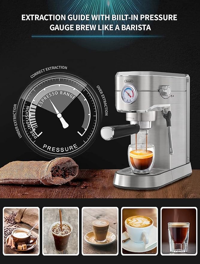 Gevi Máquina de café espresso profesional compacta de 20 bares con espumador de leche/varita de vapor para expreso, café con leche y capuchino, acero inoxidable, tanque de agua extraíble de 35 onzas