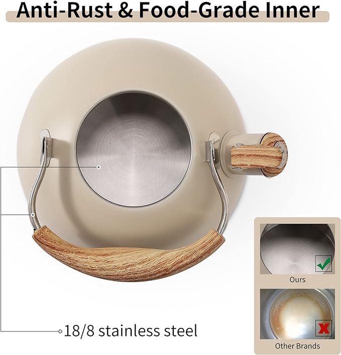 LONFFERY Hervidor de té, hervidor de té silbante de 2.5 cuartos de galón, ollas de té para estufa, acero inoxidable de grado alimenticio con mango plegable con patrón de madera, color blanco cremoso
