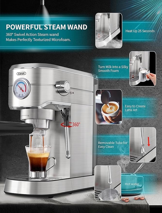 Gevi Máquina de café espresso profesional compacta de 20 bares con espumador de leche/varita de vapor para expreso, café con leche y capuchino, acero inoxidable, tanque de agua extraíble de 35 onzas