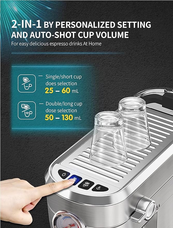 Gevi Máquina de café espresso profesional compacta de 20 bares con espumador de leche/varita de vapor para expreso, café con leche y capuchino, acero inoxidable, tanque de agua extraíble de 35 onzas