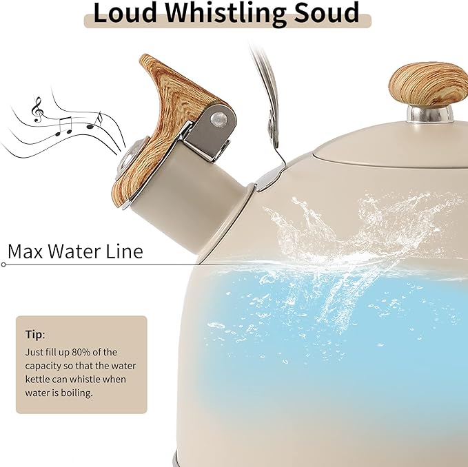 LONFFERY Hervidor de té, hervidor de té silbante de 2.5 cuartos de galón, ollas de té para estufa, acero inoxidable de grado alimenticio con mango plegable con patrón de madera, color blanco cremoso