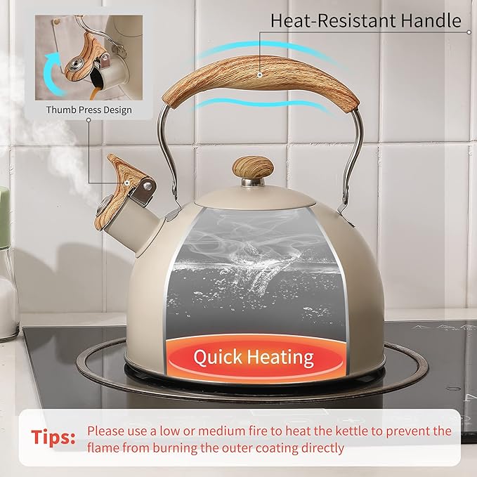 LONFFERY Hervidor de té, hervidor de té silbante de 2.5 cuartos de galón, ollas de té para estufa, acero inoxidable de grado alimenticio con mango plegable con patrón de madera, color blanco cremoso