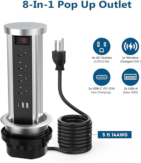 BTU Toma de corriente desplegable para encimera, receptáculo con USB C y 4 salidas de CA, toma de corriente empotrada con cargador inalámbrico de 10 W para cocina, conferencias, oficina