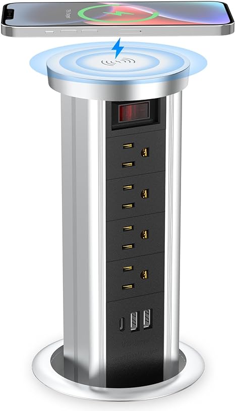 BTU Toma de corriente desplegable para encimera, receptáculo con USB C y 4 salidas de CA, toma de corriente empotrada con cargador inalámbrico de 10 W para cocina, conferencias, oficina