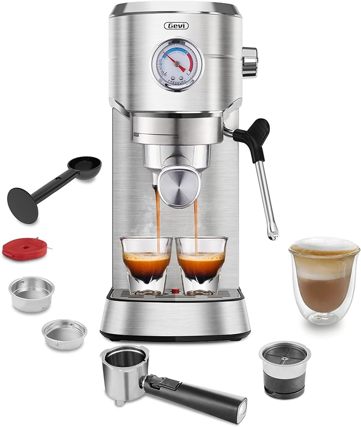 Gevi Máquina de café expreso de 20 bares, cafetera de café espresso profesional con espumador de leche, máquinas de café expreso compactas para capuchino, café con leche, máquinas de café y cafeteras