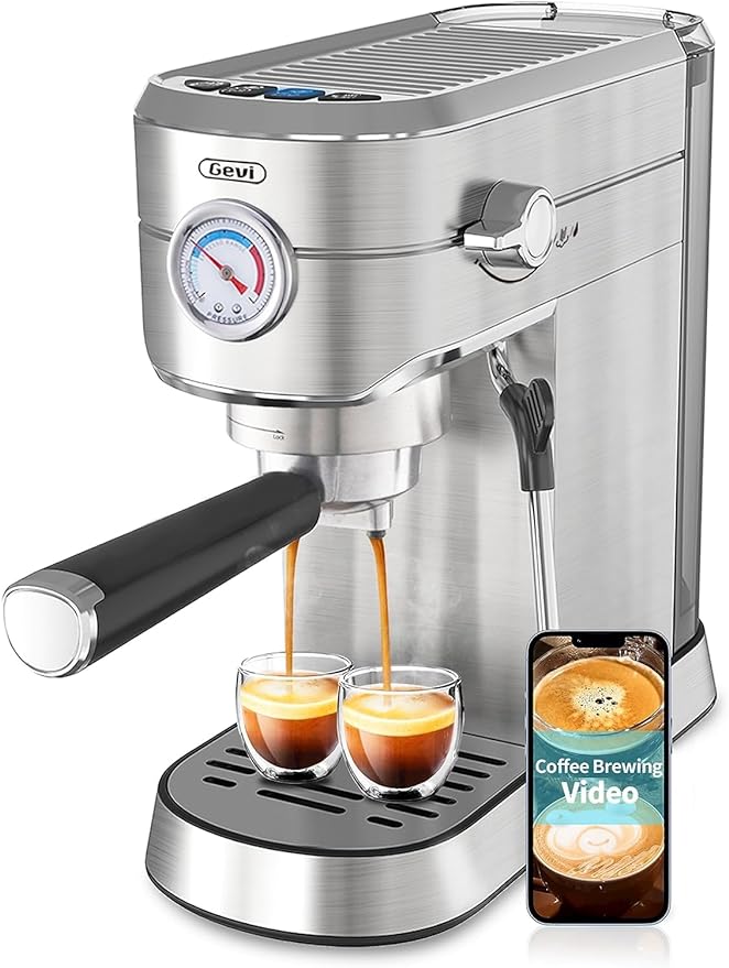 Gevi Máquina de café espresso profesional compacta de 20 bares con espumador de leche/varita de vapor para expreso, café con leche y capuchino, acero inoxidable, tanque de agua extraíble de 35 onzas