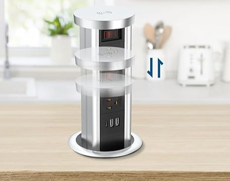 BTU Toma de corriente desplegable para encimera, receptáculo con USB C y 4 salidas de CA, toma de corriente empotrada con cargador inalámbrico de 10 W para cocina, conferencias, oficina