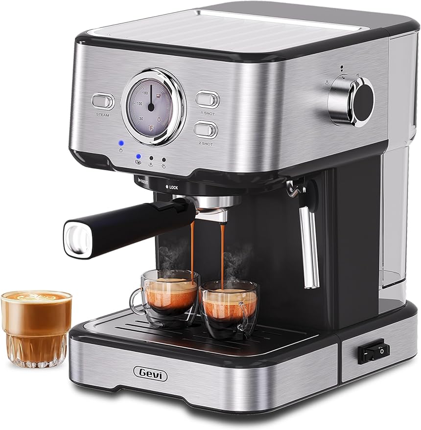 Gevi Máquina de café expreso, máquina de café expreso con espumador de leche, máquina compacta de espresso súper automáticas para el hogar con tanque de agua extraíble de 34 onzas para capuchino, café