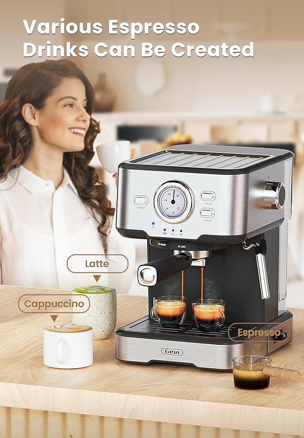 Gevi Máquina de café expreso, máquina de café expreso con espumador de leche, máquina compacta de espresso súper automáticas para el hogar con tanque de agua extraíble de 34 onzas para capuchino, café