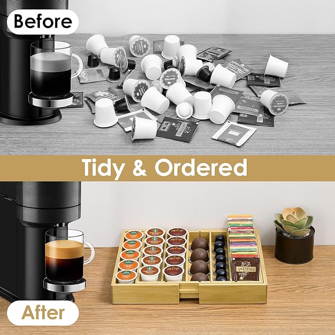 Cajón para cápsulas de café, soporte de bambú para tazas K compatible con cápsulas Nespresso Vertuo, organizador de cajones de 25 a 45 K para estación de café, oficina en casa, oficina y cocina